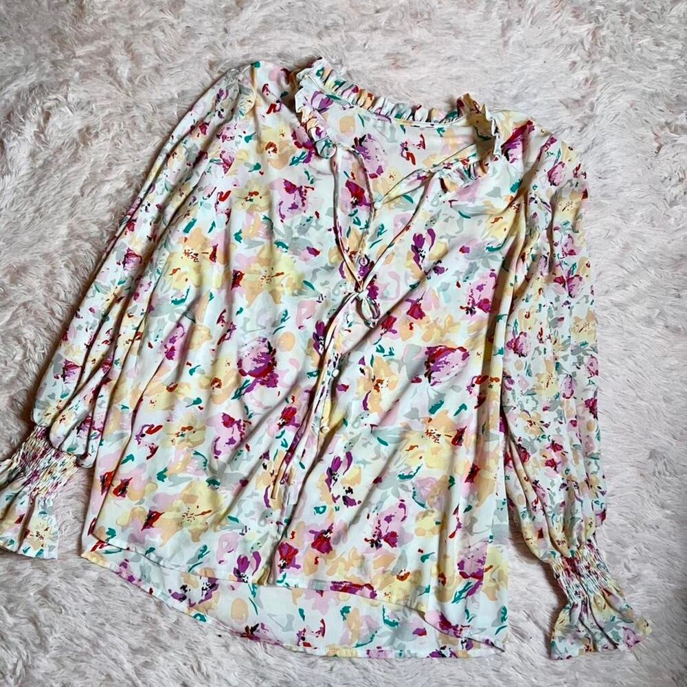 Watercolor‎ Pastel Floral Coquette Soft Girl Delicate Smocked Ruffle Blouse